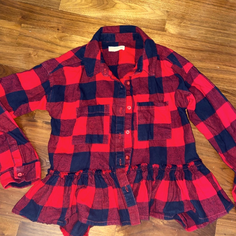 Girls Buffalo Plaid Ruffled Flannel Shirt